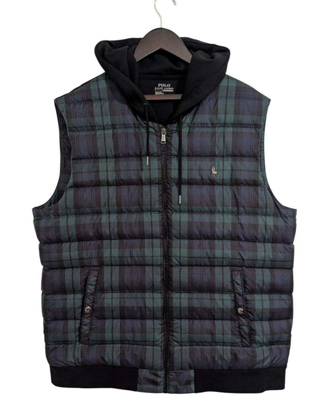 Polo Ralph Lauren Performance Plaid Hooded Puffer Vest Men’s XL Green Black